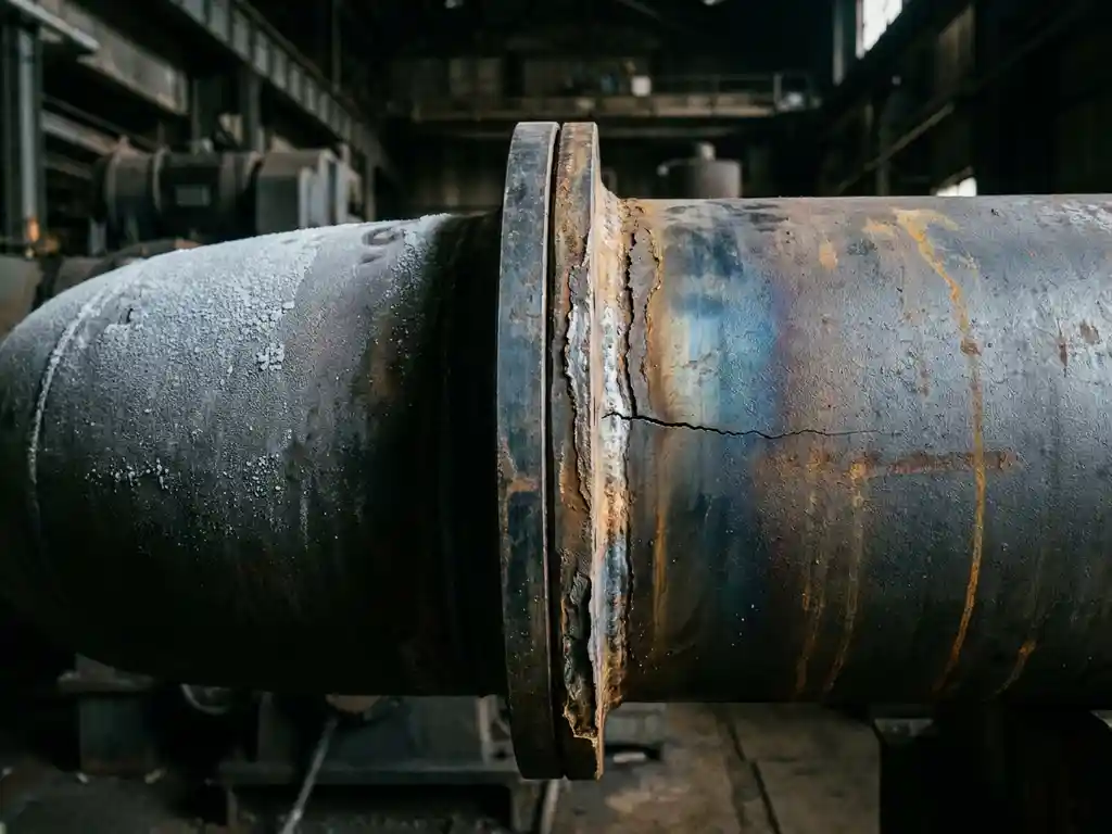 Industriestahlrohr mit Haarriss an der Schweißnaht, Frostkondensat auf einer Seite, Wärmeverfärbung auf der anderen, in düsterer Maschinenanlage.