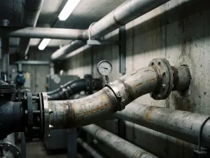 Industrielles Stahlrohrnetz mit Schweißnähten und Druckflanschen an Betonwand, leicht verbogenes Rohr mit aufgeklemmter Messuhr zur Spannungsanalyse.
