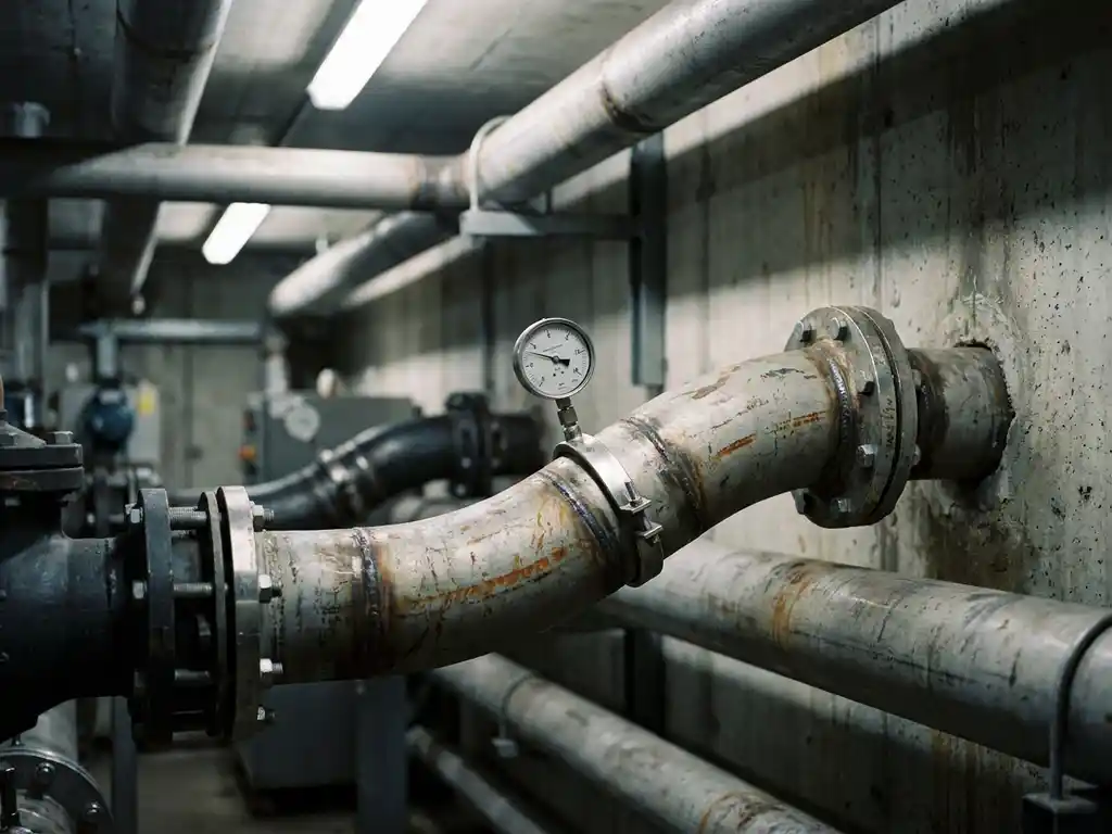 Industrielles Stahlrohrnetz mit Schweißnähten und Druckflanschen an Betonwand, leicht verbogenes Rohr mit aufgeklemmter Messuhr zur Spannungsanalyse.