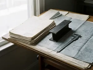 Stapel Stahlbau-Berechnungsblätter und Konstruktionszeichnungen auf Zeichentisch mit I-Träger-Querschnitt und Präzisionsschieblehre.