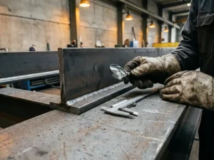 Strukturstahlingenieur prüft Kehlnahtschweißung an einem Stahlträger, Messschieber auf Metalloberfläche, industrielle Werkstatt.