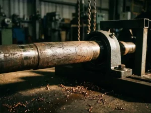 Stahlwelle mit Ermüdungsrissen in Lagergehäuse, dramatische Seitenbeleuchtung hebt Metallstruktur und Rostspuren hervor.