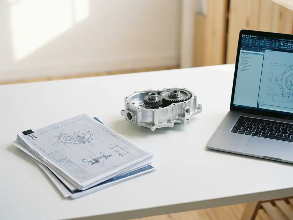 Technische Zeichnungen und CAD-Ausdrucke neben einem präzisionsgefrästen Metallteil und einem Laptop auf weißem Schreibtisch.