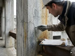 Bauingenieur untersucht verwitterte Betonpfeiler mit Prüfwerkzeug, Risslinien und technische Unterlagen sichtbar.