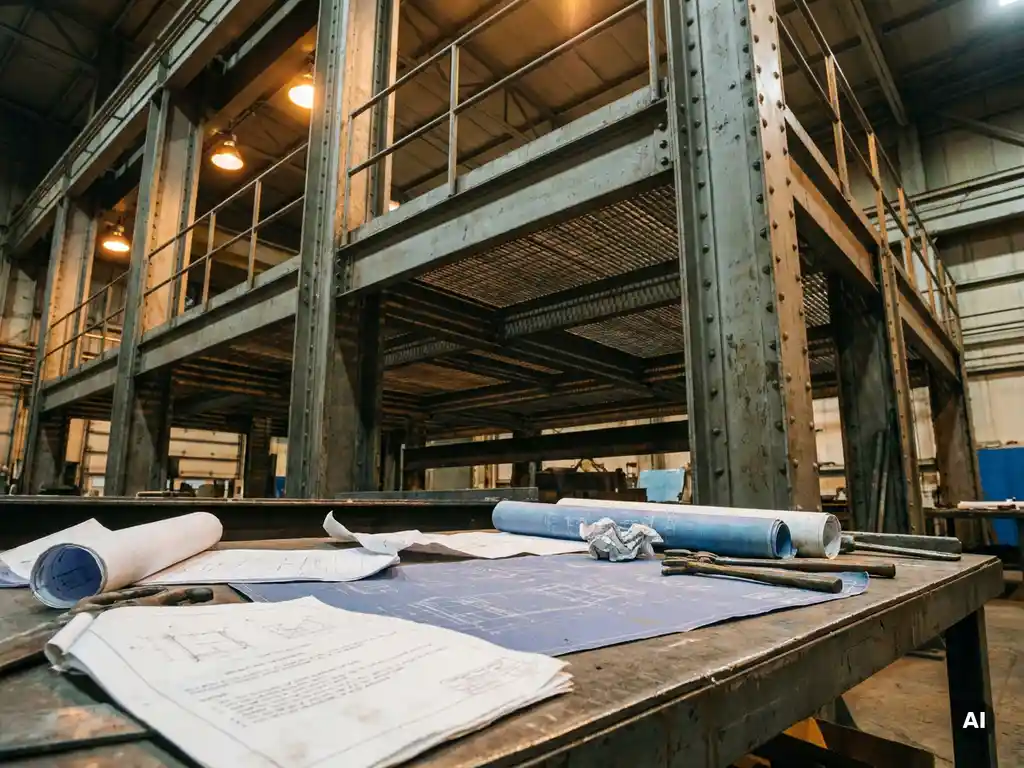 Industrielle Bühnenkonstruktion aus Stahlgitter mit tragenden Stützen, Konstruktionspläne auf Metalltisch im Vordergrund, Fabrikhalle.