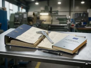 Aufgeschlagenes Normbuch neben EU-Regulierungsdokument auf Stahltisch, mit Präzisionszirkel und Druckbleistift, Werkstatt im Hintergrund.