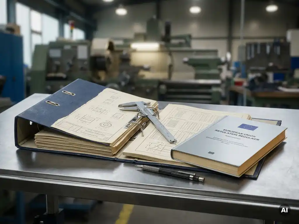 Aufgeschlagenes Normbuch neben EU-Regulierungsdokument auf Stahltisch, mit Präzisionszirkel und Druckbleistift, Werkstatt im Hintergrund.