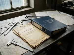 Veraltetes DIN 18800-Stahlbaunorm-Dokument unter modernem Eurocode 3-Ordner auf Stahltisch mit Schieblehren und Berechnungsblättern.