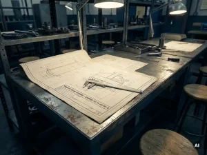 Technische Blaupause eines Druckbehälters auf Stahltisch mit Präzisionsschieblehre auf Querschnittszeichnungen.
