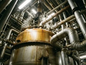 Industrieller Druckbehälter in einer Chemieanlage, umgeben von Rohrleitungen mit Korrosionsspuren und aufsteigendem Hitzedunst.