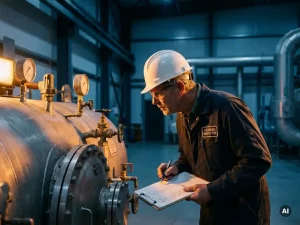 Ingenieur mit Schutzhelm inspiziert Industriedruckbehälter mit Manometern und Ventilen, Klemmbrett in der Hand.
