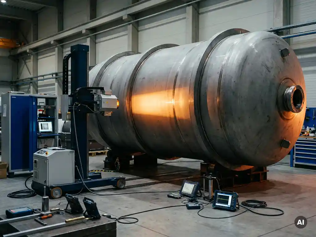 Industrieller Druckbehälter aus Stahl bei der Röntgenprüfung in einer Fabrikhalle mit Messinstrumenten im Hintergrund.