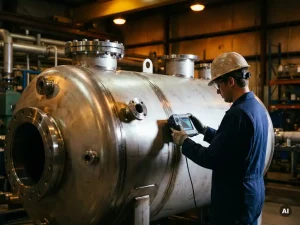 Ingenieur in Schutzausrüstung prüft Schweißnähte eines Druckbehälters mit Ultraschallgerät in Industriehalle.