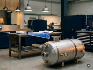 Polierter Industriedruckbehälter mit Schweißnähten und Druckmessern in moderner Werkstatt, technische Zeichnungen auf Stahlwerkbank.