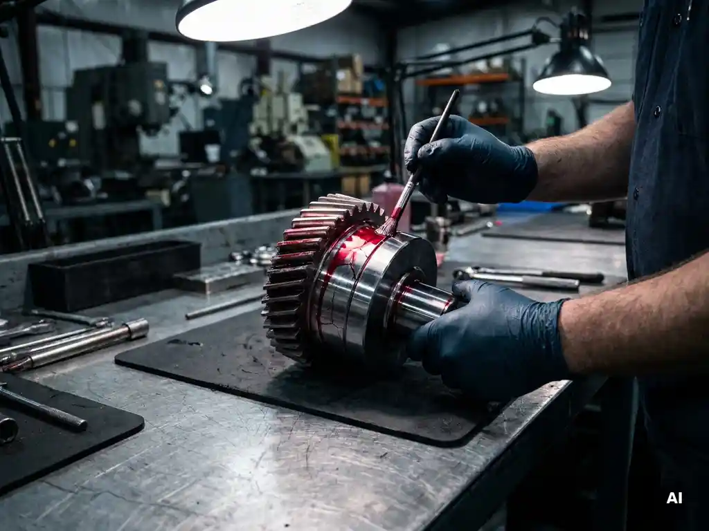 Behandschuhte Hände tragen roten Eindringprüfer auf ein Metallbauteil auf, um Haarrisse bei der Eindringprüfung sichtbar zu machen.