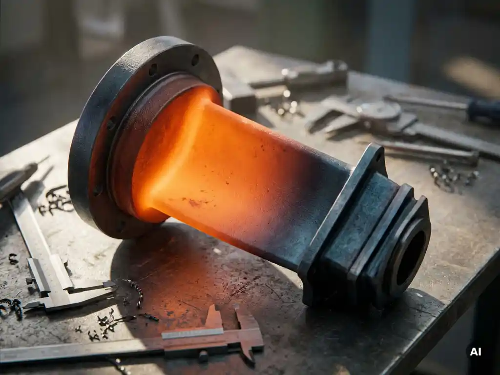 Glühendes Motorenbauteil mit orangefarbenem Wärmekern und stahlblauem Rand auf einer Präzisionswerkbank.