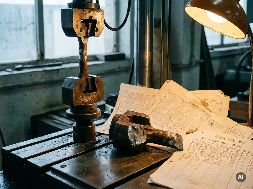 Verwitterte Metallprobe in Ermüdungsprüfmaschine mit gebrochener Komponente und Spannungs-Zyklus-Datenblättern auf Stahlwerkbank.