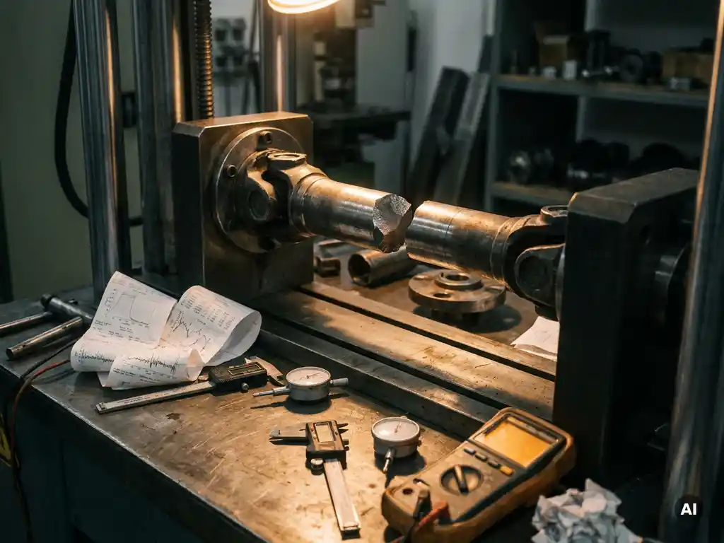 Gebrochene Metallwelle in Ermüdungsprüfstand mit Messinstrumenten und Spannungsanalyse-Ausdrucken auf Werkstattbank.
