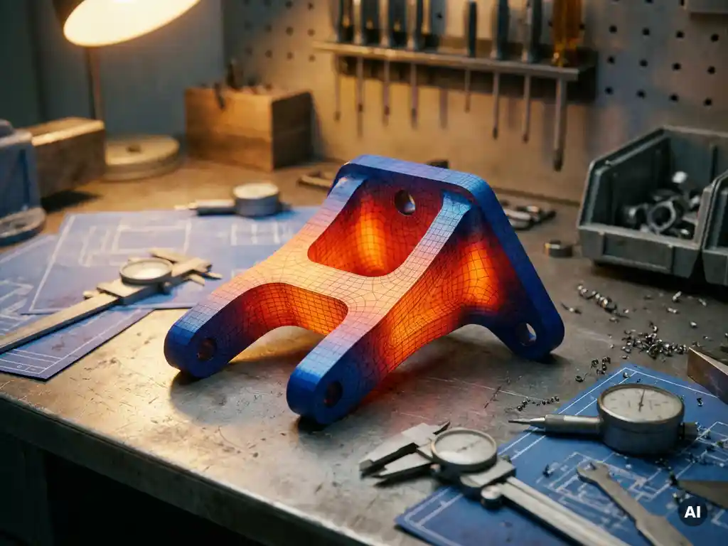 Präzisionsgefertigtes Metallteil mit thermischer FEM-Analyse, Farbverlauf von Blau zu Orange-Rot an Spannungspunkten, Messschieber daneben.
