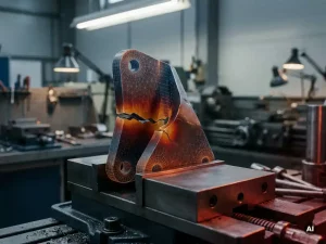 FEM-Netz auf gebrochenem Maschinenbauteil im Schraubstock, Spannungskonzentrationen in Amber- und Rottönen hervorgehoben.