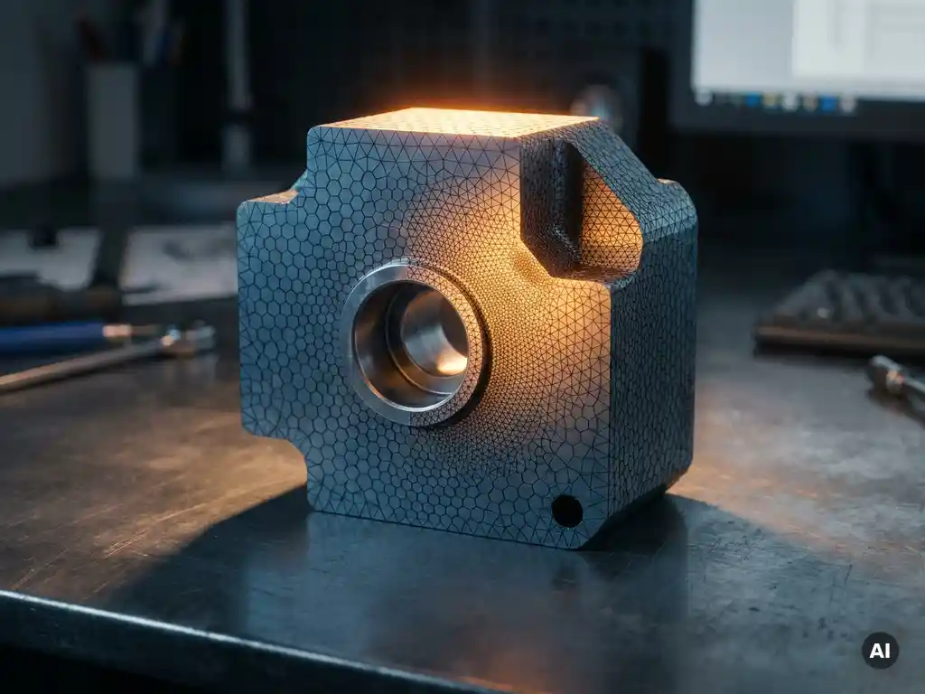 FEM-Netz auf Metallbauteil mit feiner Triangulierung an der Spannungskonzentration, beleuchtet in Stahlblau und Amber.