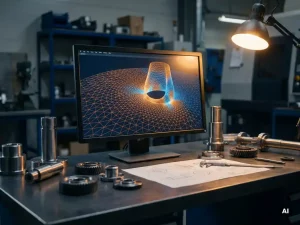 FEM-Netzvisualisierung auf Industriemonitor, umgeben von Metallbauteilen und Messschiebern auf einem Stahltisch.