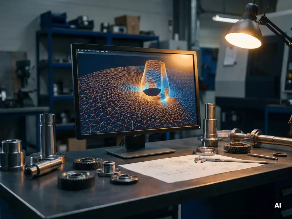 FEM-Netzvisualisierung auf Industriemonitor, umgeben von Metallbauteilen und Messschiebern auf einem Stahltisch.