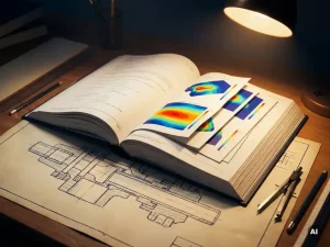 Aufgeschlagener Ingenieurberechnungsbericht auf einem Zeichentisch mit FEM-Spannungssimulationen und Bauteilquerschnittzeichnung im warmen Lampenlicht.
