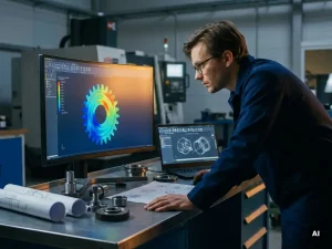 Maschinenbauingenieur analysiert FEM-Simulationsergebnisse auf Monitor, umgeben von Metallbauteilen und technischen Zeichnungen im Werkstatt-Arbeitsplatz.