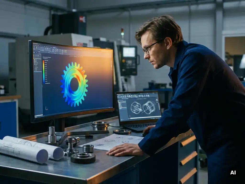 Maschinenbauingenieur analysiert FEM-Simulationsergebnisse auf Monitor, umgeben von Metallbauteilen und technischen Zeichnungen im Werkstatt-Arbeitsplatz.
