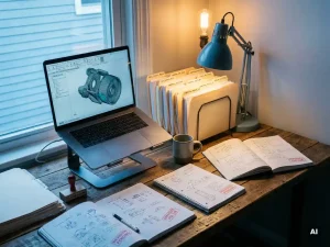 Ingenieurschreibtisch mit FEM-Netz auf Laptop, gestapelten Simulationsordnern und Konstruktionsnotizbüchern im warmen Fensterlicht.