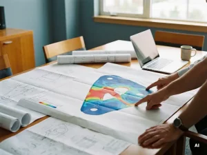 Zwei Ingenieure zeigen auf eine farbige FEM-Spannungskarte eines Bauteils, umgeben von technischen Zeichnungen und einem Laptop.