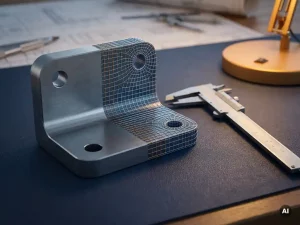 Industrieller Metallwinkel mit Querschnitt-FEM-Netz neben technischem Messschieber auf Ingenieurtisch, Studiobeleuchtung.