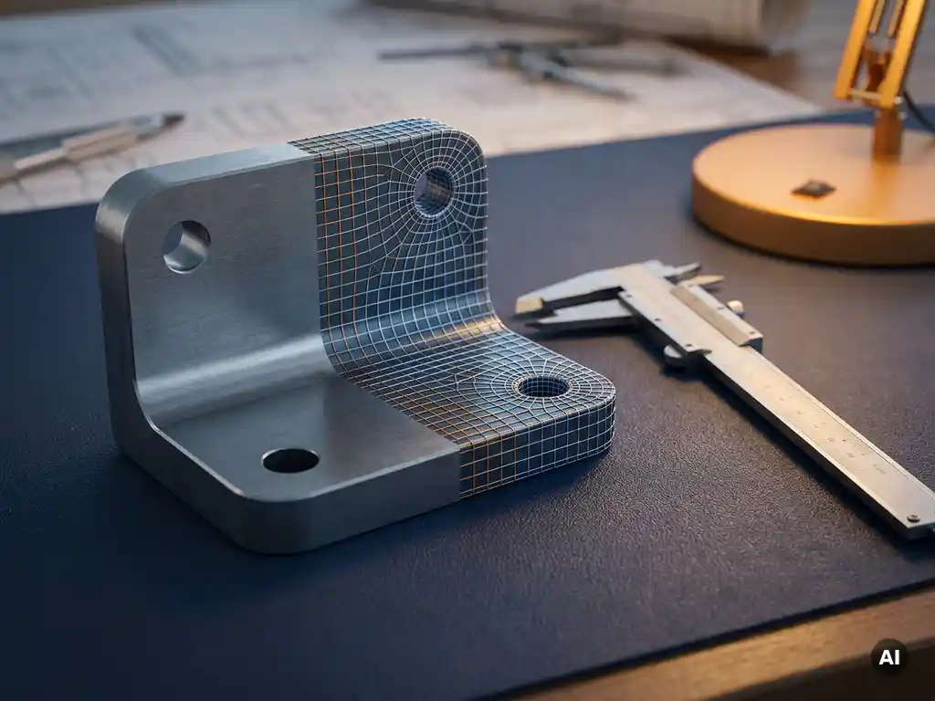 Industrieller Metallwinkel mit Querschnitt-FEM-Netz neben technischem Messschieber auf Ingenieurtisch, Studiobeleuchtung.