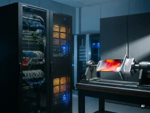 Hochleistungs-Workstation-Server mit leuchtenden Kühlschlitzen neben einem Metallbauteil mit FEM-Hitzekarte in Rot- und Bernsteintönen.