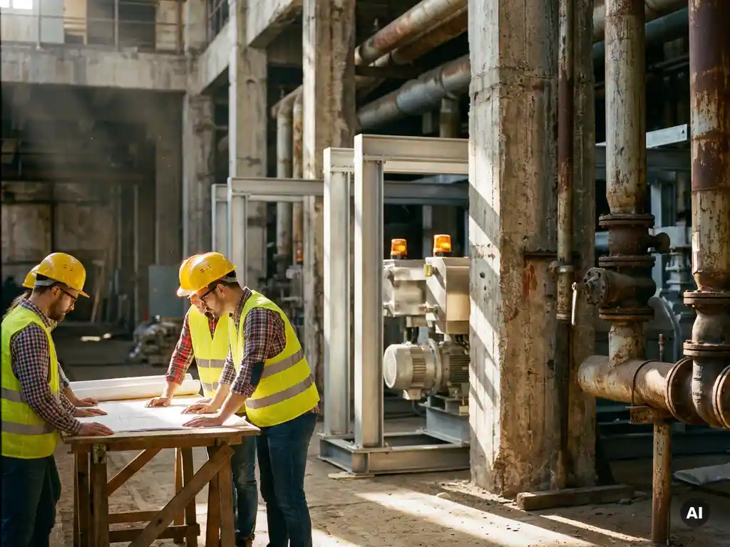 Ingenieure mit Schutzhelmen prüfen technische Zeichnungen bei der Modernisierung einer Industrieanlage mit neuen Stahlmaschinen.