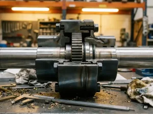 Industriekupplung im Querschnitt auf Stahlwelle mit Stressverformungen, Messschieber und Metallspäne auf Werkbank.