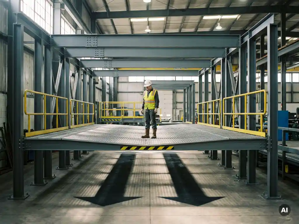 Ingenieur in Arbeitsschuhen steht auf einem Stahlgitter-Mezzanin in einer Industriehalle mit markanter Stahlrahmenkonstruktion.