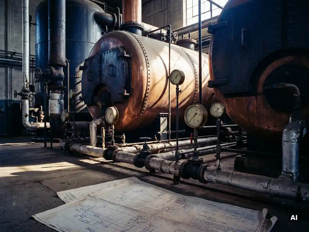 Industrieller Dampfkessel aus Kupfer und Stahl mit Rohrnetzwerk und Druckmessern auf Fabrikboden, technische Blaupausen darunter.