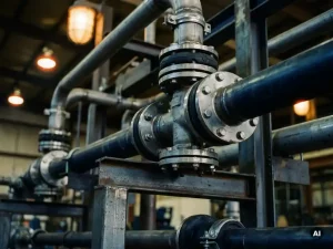 Industrielles Rohrleitungssystem mit Flanschverbindungen, Schwingungsdämpfern und Stahlrahmen in warmem Werkstattlicht.