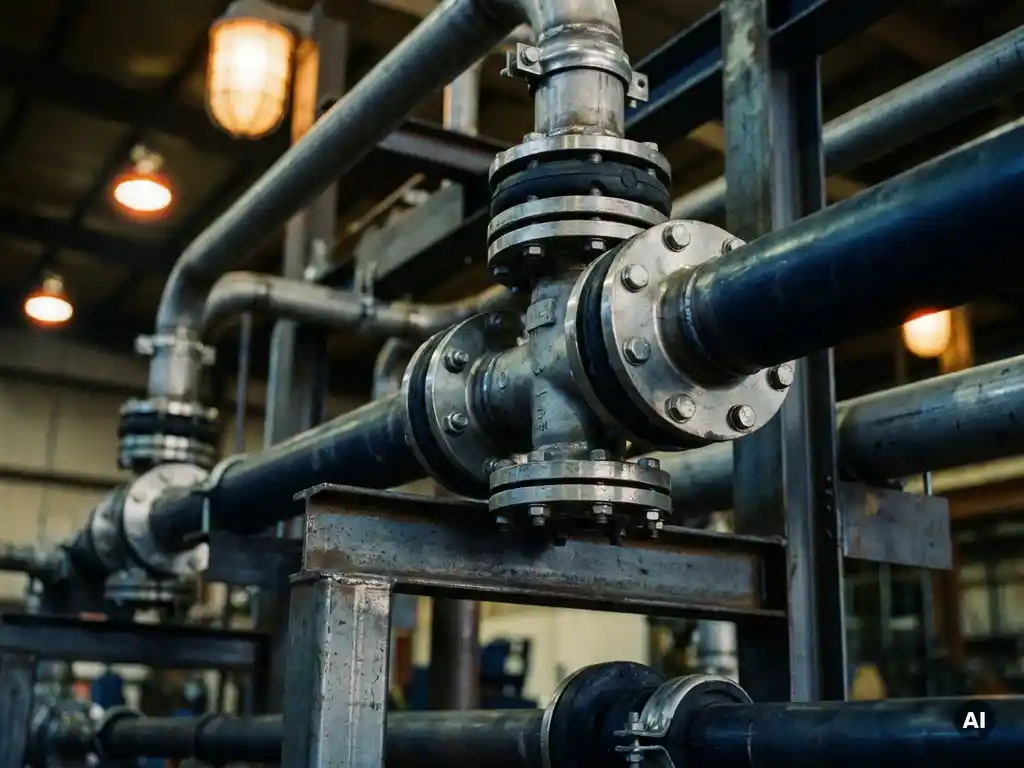 Industrielles Rohrleitungssystem mit Flanschverbindungen, Schwingungsdämpfern und Stahlrahmen in warmem Werkstattlicht.