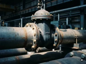 Schweres Industrieventil an einer Stahlrohrleitung in einer Fabrikhalle mit sichtbaren Spannungskonzentrationen an den Flanschen.