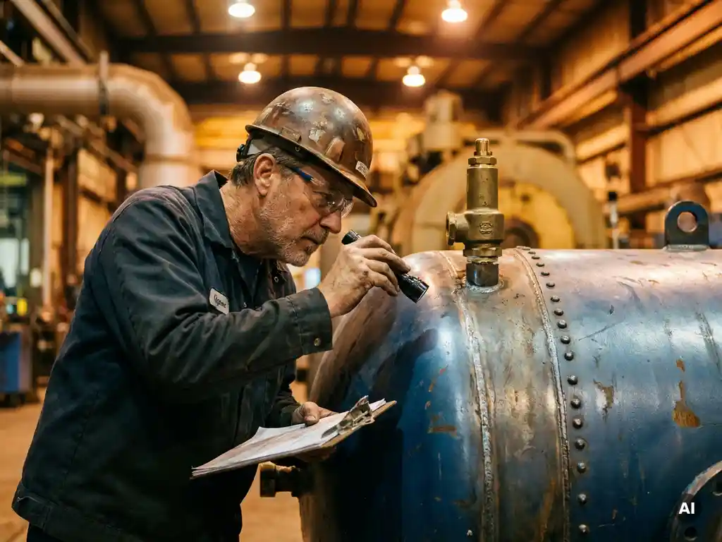 Ingenieur mit Schutzhelm und Klemmbrett prüft Schweißnähte und Sicherheitsventile eines Druckbehälters in einer Industriehalle.