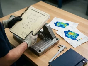 Ingenieurhände halten technischen Berechnungsbericht über Stahlbauteil, FEM-Stressanalyse und Messschieber auf Werkstattschreibtisch.