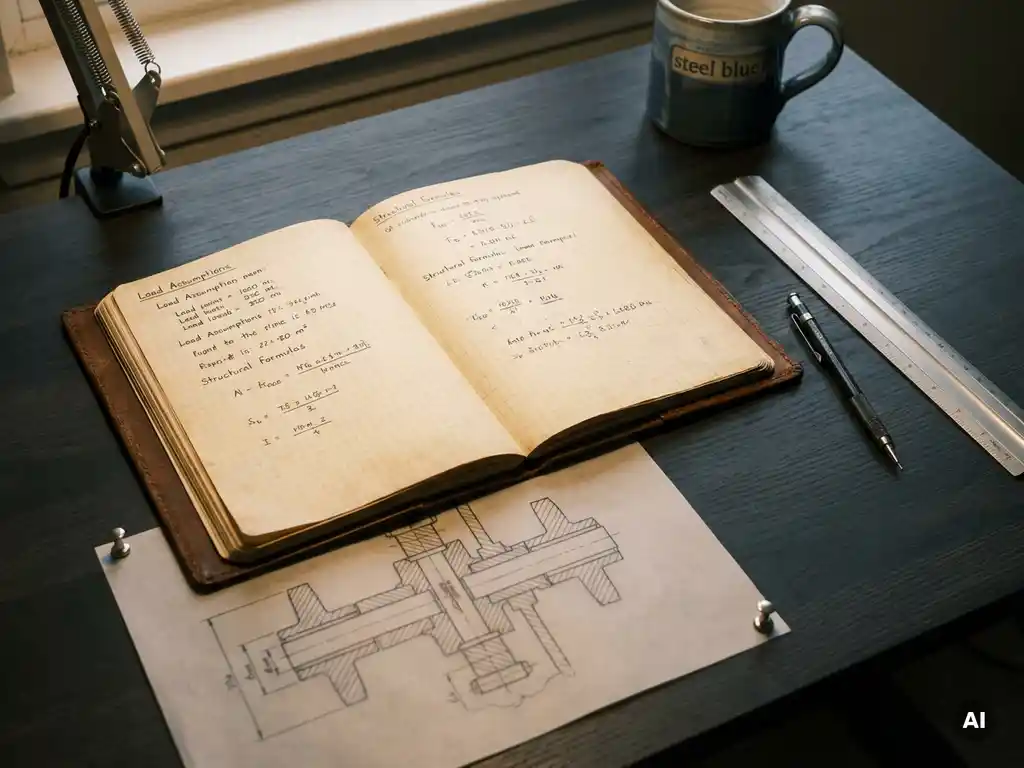 Aufgeschlagenes Ingenieur-Notizbuch mit handgeschriebenen Lastannahmen und Formeln, Bauteilzeichnung, Stahllineal und Druckbleistift auf dem Reißbrett.