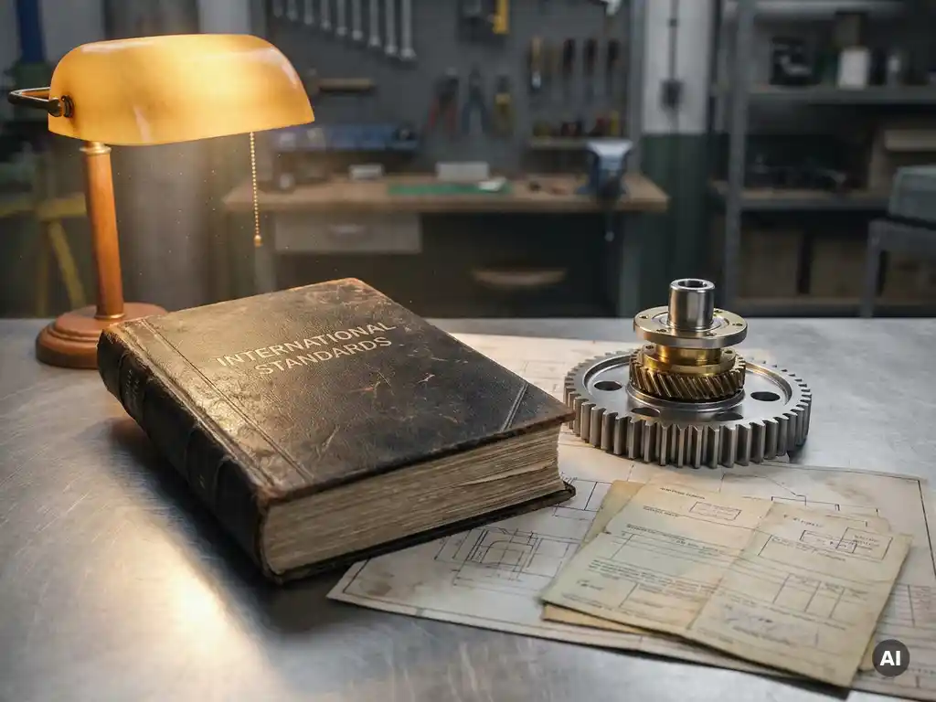 Aufgeschlagenes Lederhandbuch mit internationalen Normen neben einem Präzisionsbauteil auf Stahltisch mit technischen Schemazeichnungen.