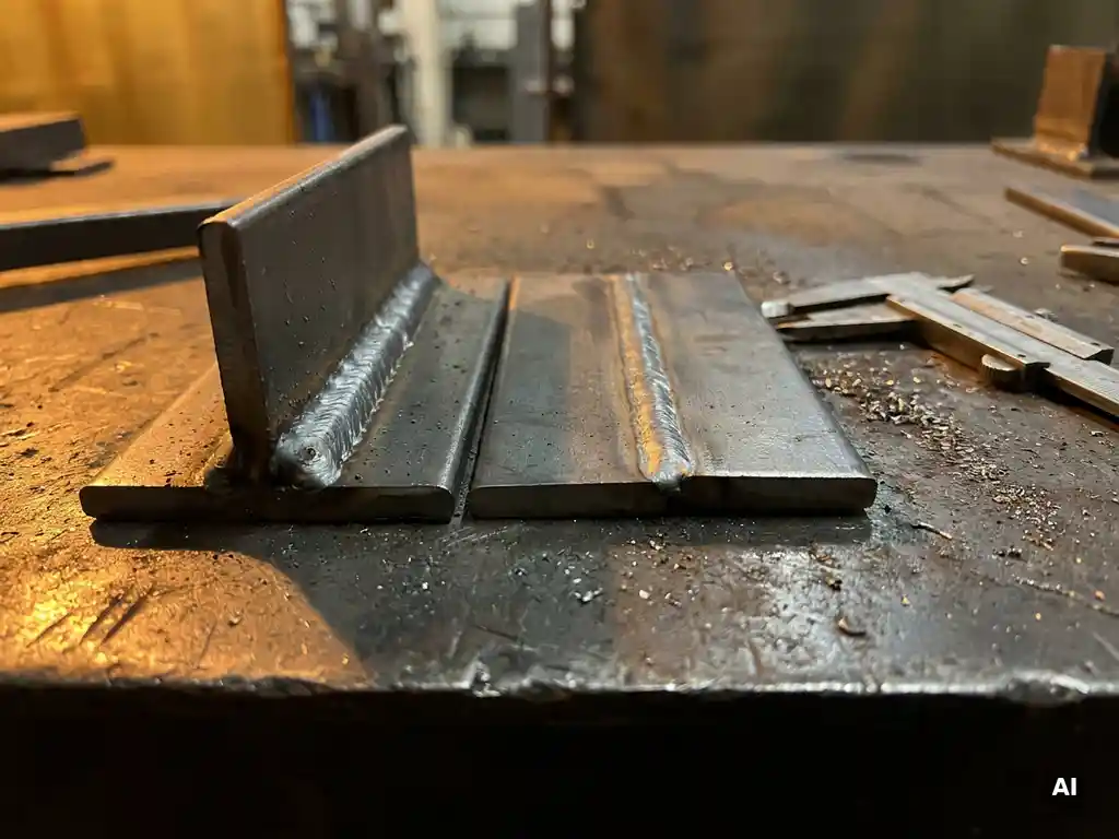 Frisch geschweißte Stahlverbindungen auf Werkbank: Kehlnaht mit dreieckigem Profil und Stumpfnaht, Metallspäne und Messschieber daneben.