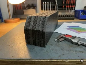 Querschnitt eines Carbonfaser-Verbundpanels mit sichtbarer Faserstruktur, neben digitalem Messschieber und FEM-Netzausdruck auf Werkbank.