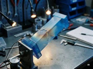 Gebrochenes Kunststoffbauteil beim Stresstest mit sichtbaren Verformungszonen und Materialspannungsgradienten auf einem Werkstattbench.