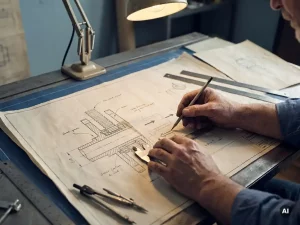 Ingenieurshände ordnen Lastendiagramme und Kraftvektoren auf technischer Zeichnung mit Bauteilquerschnitt am Zeichentisch.